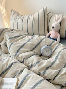 Muroi Mono 3件套100%涤纶中古风格简约条纹被套，2个枕套+1个被套（无床单）