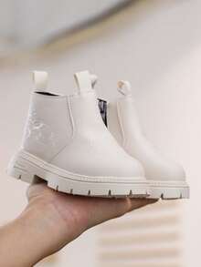 1 双女童皮革刺绣雪地靴，时尚百搭防滑踝靴，适合秋冬 - 白色 - 查看 3