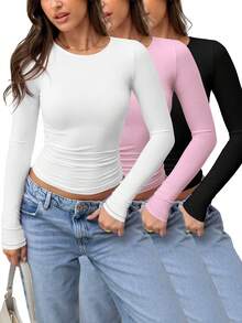 3 Pack Womens Crop Workout Tops Women Pack Summer Gym Athletic Compression Undershirts Cute Tight Basic Tops Tee - Pink+Black+White - View 1