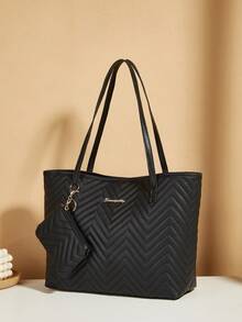 1 Set Black PU Women's Handbag Tote Bag, Multifunctional Shoulder Bag, Versatile For Ladies' Daily Use, Dating, Gifts, With Small Wallet - Black - View 2