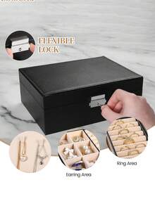 双层珠宝收纳盒，大容量可上锁珠宝盒，PU皮革珠宝收纳盒，适用于项链、耳环、戒指、手表。节日礼物。 - 彩色 - 查看 4