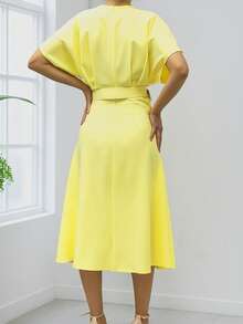 CEYLEN Solid Color Elegant Casual Midi Dress With Slit Detail, Pockets, Belt, Beach - Yellow - View 2