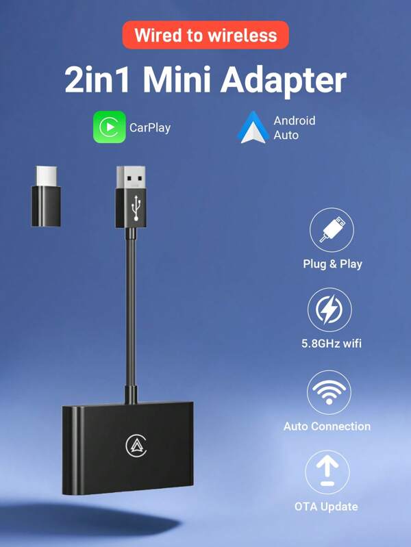 XUDA Adaptador inalámbrico 2 en 1 inalámbrico XUDA 2025 NUEVO Mini Wired To Wireless CarPlay y transmisión estable de Android Auto para coche original del 99% con Wied Carplay/Android Auto 2.4~5.0 GHz WiFi5