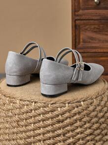 MonaNise 女士3厘米布面包跟黑色时尚百搭藏蓝色、咖啡色、酒红色低跟粗跟优雅玛丽珍平底鞋 - 淺灰色 - 查看 6