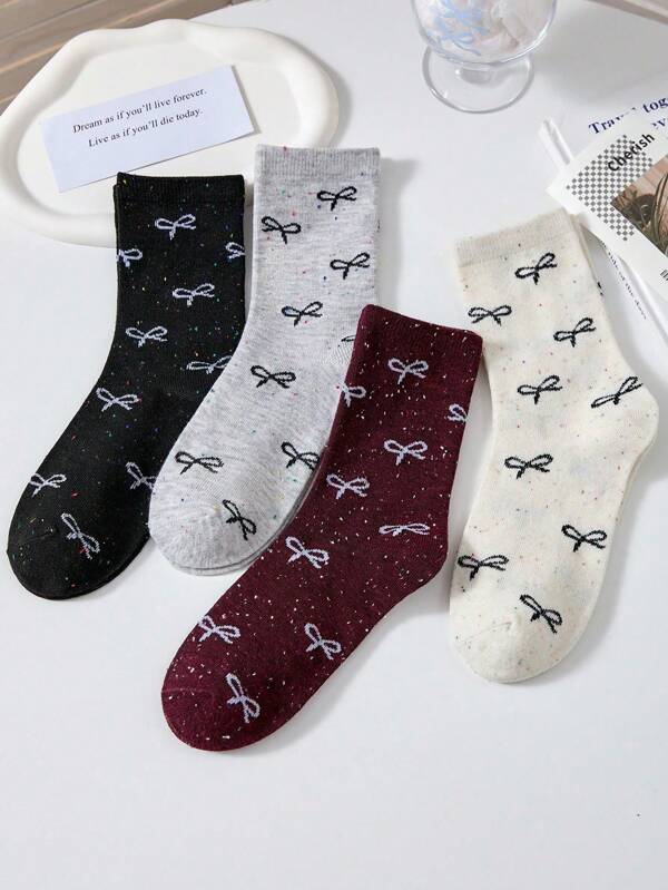 4pairs Women's Bow& Dot Yarn Pattern Sweet Mid-Calf Socks, Fashionable College Style And Ins Style Crew Socks, Back-To-School Season