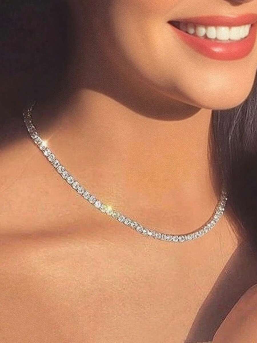 1pc Simple Iced Out Tennis Choker Necklace For Women Crystal Short Chain On Neck Hip Hop Accessories Jewelry - Silver - View 1