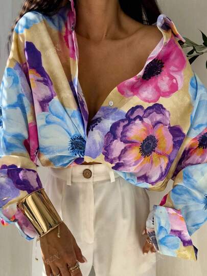 New Style Turn-Down Collar Loose Fashionable Business Casual Retro Daily Floral Print Button Down Colorful Long Sleeve Blouse For Women, Spring Summer Fall Winter