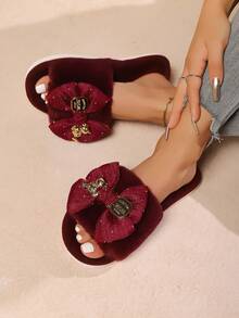 shensongni 女士蝴蝶结泰迪熊装饰毛绒拖鞋，室内拖鞋，家居拖鞋，卧室拖鞋，露趾拖鞋，四季皆宜拖鞋，公寓拖鞋，时尚性感度假风缎面平底凉鞋，酒红色 - 酒紅色 - 查看 9