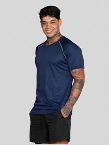 Men's Dry Fit Short Sleeve Sports Shirt, Polyester With Elastane, Training Gym - Navy Blue - View 3