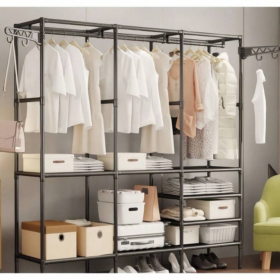 Double/Triple/Quadruple Clothes Rack Open Concept Clothes Organizer Modern Wardrobe - 黑色 - 查看 1