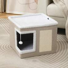 Large Cat Cube House Cosy Foldable Bed Pet Cave Furry Soft Cushions Scratch Pads - Beige - View 1