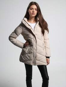 Women's Mid-Length Stylish Quilted Puffer Coat With Hood, 4 Colors Available. A Winter Wardrobe Essential. Style With Practicality. Warmth With Chic. - Beige - View 7