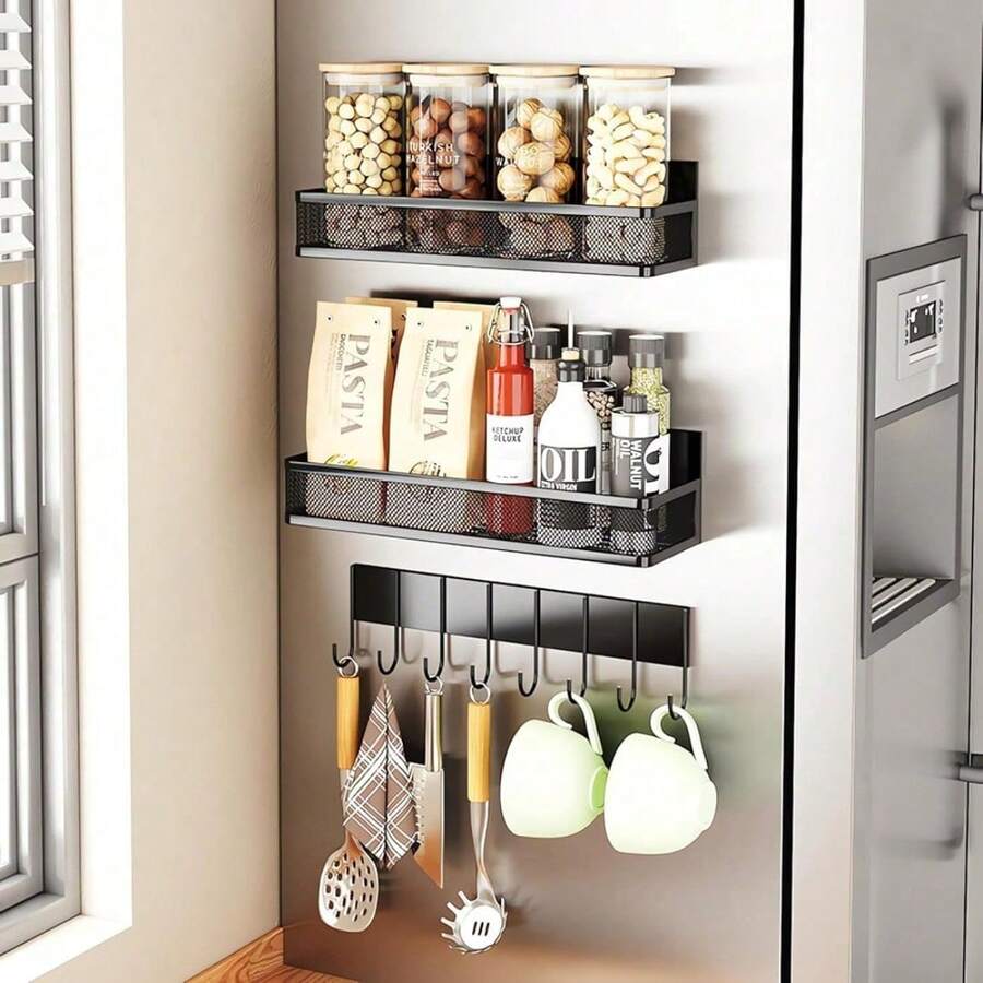 Küchenorganisation und -aufbewahrung, 3-teiliges magnetisches Lagerregal mit 8 Haken, magnetisches seitliches Kühlschrank-Aufbewahrungsregal, beweglicher magnetischer Kühlschrank-Organizer für Kühlschrank, Backofen, Mikrowelle, Groß 30,6 x 9,8 x 8 cm/Klein 28,7 x 9,2 x 5,8 cm, Schwarz - Schwarz - Übersicht 1