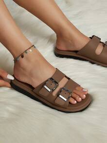 New Spring/Summer Women's Fashion Casual Double Strap Adjustable Design Breathable Non-Slip Beach/Home/Office/Walking Slip-On Sandals, Brown Color Blocking, Versatile - Brown - View 5