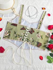 Plus Size Vintage Green Floral Corset | Butterfly Print Bow Straps Slim Fit Top - Green - View 8