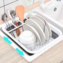 1pc Plastic Dish Rack, Collapsible Dish Drying Rack With Utensil Holder, Foldable Tableware Storage Rack, Kitchen Storage Basin, Space-Saving Sink Drainer For Home, RV, Camping - Ideal For Travel Trailers & Motorhomes, Draining Basket, Kitchen Essentials - Grey - View 3
