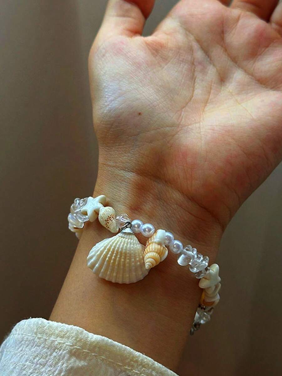 1 件海滩度假风格人造贝壳和海星串珠手链，适合女士，独特甜美贝壳手链礼物