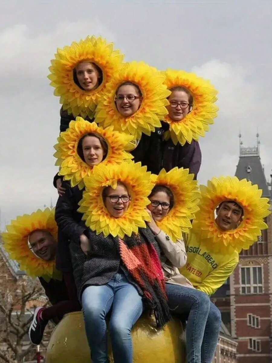 1 套向日葵头饰服装，绿叶手套 + 向日葵面罩，有趣的表演道具，向日葵帽子，黄色花朵头饰，适合化妆舞会、舞蹈表演、节日游戏，成人尺寸 - 黃色 - 查看 1