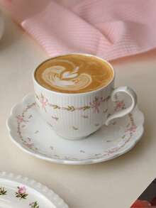 1pc Ins Style Afternoon Tea Cup Set, Korean Girly Pink Floral Bow Retro Ceramic Coffee Cup - White - View 6