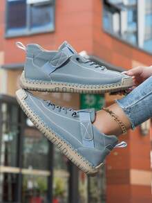 Botas retro y desnudas cosidas a mano para mujer, zapatos deportivos y casuales de moda sencilla de color azul claro con cordón, adecuados para conducción diaria, deportes al aire libre, senderismo, modelo de pareja. Suelas de goma para hombres resistentes al desgaste y cómodas, zapatos para hombres y mujeres de talla grande