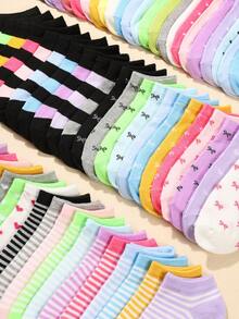 Random 20 Pairs Children's Bowknot Heart Polka Dot Striped Solid Color Short Socks Boat Socks Back To School Gift - Multicolor - View 2