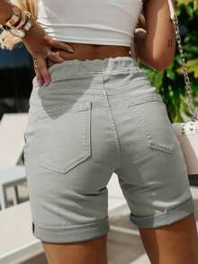 Pantalones cortos tipo bermuda de largo hasta la rodilla para mujer, esencial de verano casual diario con cordón, bolsillos, cordón, elástico, minimalista, diario - Gris - Ver 2