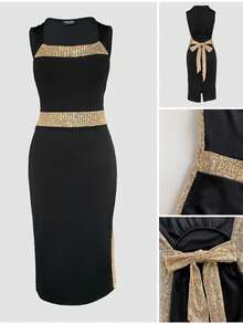 ChicMe 女士方领无袖镂空后背亮片腰部蝴蝶结开衩中长连衣裙性感优雅紧身鸡尾酒会晚会服装