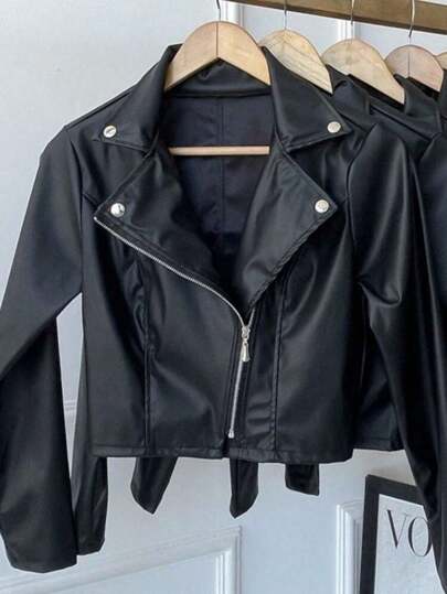 Jaqueta De Couro Feminina Com Ziper Manga Longa