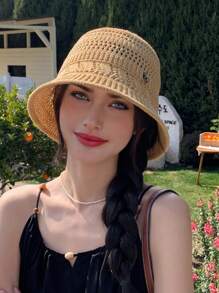 1pc Women Solid Color Knitted Hollow Out Bucket Hat, Simple Fashion Versatile Summer Breathable Sun-Shading Cap, Face Slimming Bucket Hat