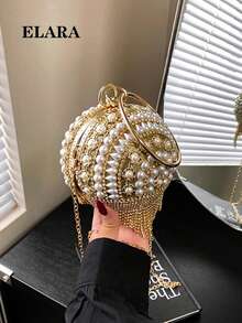 球形珍珠拼色流苏包，圆形手柄手拿包，斜挎链条包，适合晚会、宴会、晚礼服、口红、零钱包 - 金色 - 查看 2