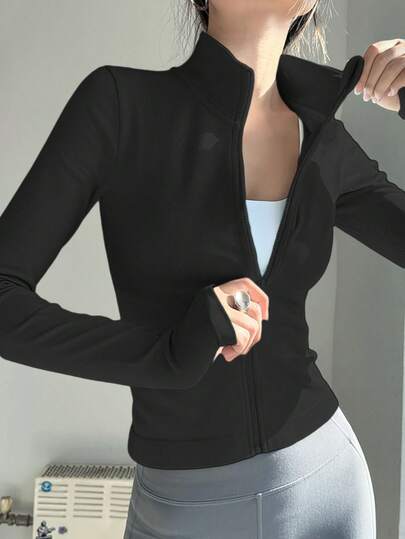 Women's Professional Seamless Zipper Jacket, Tight-Fitting Activewear For Running, Gym, Yoga Black Spring Sports