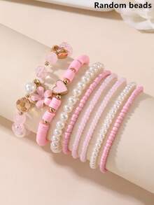 8pcs Girls' Pearl Beaded Heart & Flower Bracelet Set - Multicolor - View 2