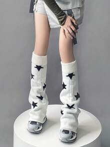 1双Y2K五角星腿套，不对称猫星腿套，洛丽塔加厚针织腿套/秋冬季过膝长筒腿套，舒适保暖