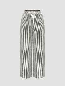 直筒条纹休闲裤，松紧腰带，带口袋，抽绳收口，适合办公室、商务、度假、日常穿着、上学、旅行等场合，春季新款 - 黑與白 - 查看 5