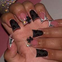 M24Pcs Black Duck Pr On Nails Short French Tip Fake Nails With 3D Rhinestones Design Cute Bow False Nails Diamond Glue On Nails Pink Acrylic Nails Handmade Nails Pr Ons For Women Manicure Kits8001 - màu đen - Xem 1