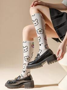 1/2 双女士 50D 花朵图案小腿袜，性感薄款 JK 及膝袜，夏季薄款丝袜，中长袜，水手袜，熊图案可爱时尚袜子，适合日常穿着，适合送礼