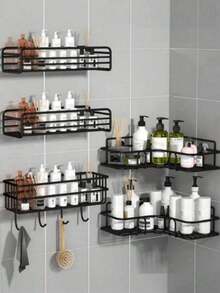 1pc No-Drilling Bathroom Organizer Shelf, Wall Mounted Shower Caddy Storage Rack For Toilet, Shampoo, Kitchen Home Bathroom Decor Fall Decor Back To School Bathroom - Black - View 2