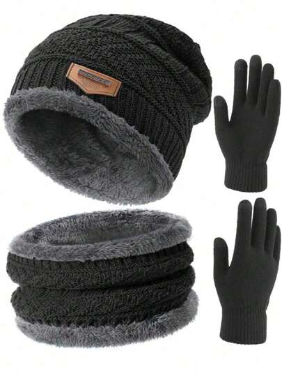 1 - 3 Outdoor Winter Knitted Beanie Hats, Scarves And Touch - Screen Gloves, Thermal Lined Hooded Hats