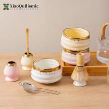 Set de 5 piezas de estilo japonés para Matcha, incluye soporte para batidor de Matcha, batidor de Matcha de bambú, tazón con pico, cuchara tamizadora de Matcha, regalo para amantes del Matcha (disponible en rosa, amarillo, blanco)
