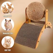 耐用的二合一兔子抓挠玩具，配有麻绳球和瓦楞纸垫，2 个兔子玩耍的地方（拱桥和球），- 拱桥钉夹柱，适用于室内兔子、猫、雪貂、小动物 - 促进自然抓挠、精神刺激和粘合 - 棕色 - 查看 2