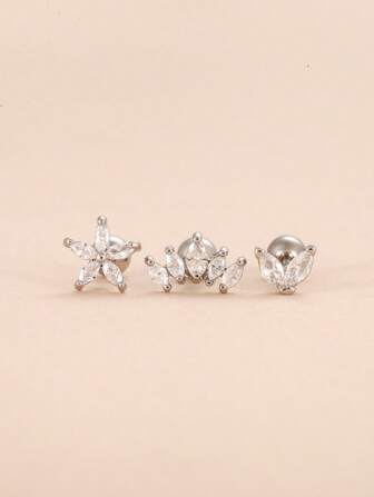 3Pcs/Set Dainty Silver Marquise Zirconia Stud Earring For Women, Flower Helix Ear Stud Stack Cartilage For Mutiple Piercing Jewelry For Daily Ware