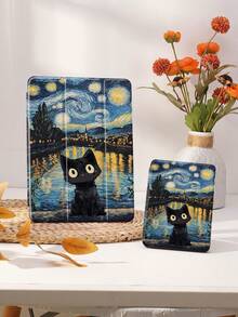 黑色猫咪图案平板电脑保护套，以梵高的《星夜》为主题，饰以河畔风景，兼容 iPad 9.7/10.2/10.5/10.9/12.9/Pro 11（第十代）、Galaxy Tab S6 Lite 10.4 英寸、Kindle Paperwhite（第十二代，2024 年发布）、Kindle（第十一代，2022 年发布），提供柔软防震保护，支持智能支架/自动唤醒/睡眠功能。 - 彩色 - 查看 5