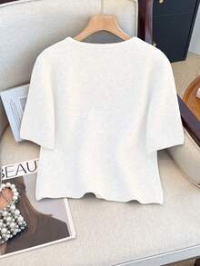 1 件女式纯色金属纽扣毛衣，休闲圆领短袖开衫，百搭针织毛衣上衣，秋冬