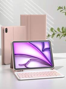 Funda de teclado de piel sintética con teclado inalámbrico desmontable, batería de 150mAh y soporte para Apple Pencil, compatible con iPad (A16) de 11a/10a generación, 7a/8a/9a generación, iPad Air de 4a/5a generación (M2 2024/M3 2025), iPad Pro de 11" (2018/2020/2021/2022), color rosa