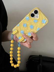 Y2K可爱蓝色网格星形皱纹图案手机壳，兼容 16 Pro Max 14 15 Pro 13 12 11 Plus，软壳，带黄色珠子手带挂绳 - 黃色 - 查看 4