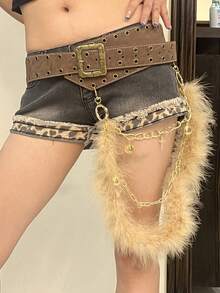 1 件女式纯色波西米亚风复古 PU 皮革双索环不对称毛皮链十字水钻装饰腰带，Y2K 街头潮流，百搭牛仔裤、裙子、休闲装和约会装 - 彩色 - 查看 4