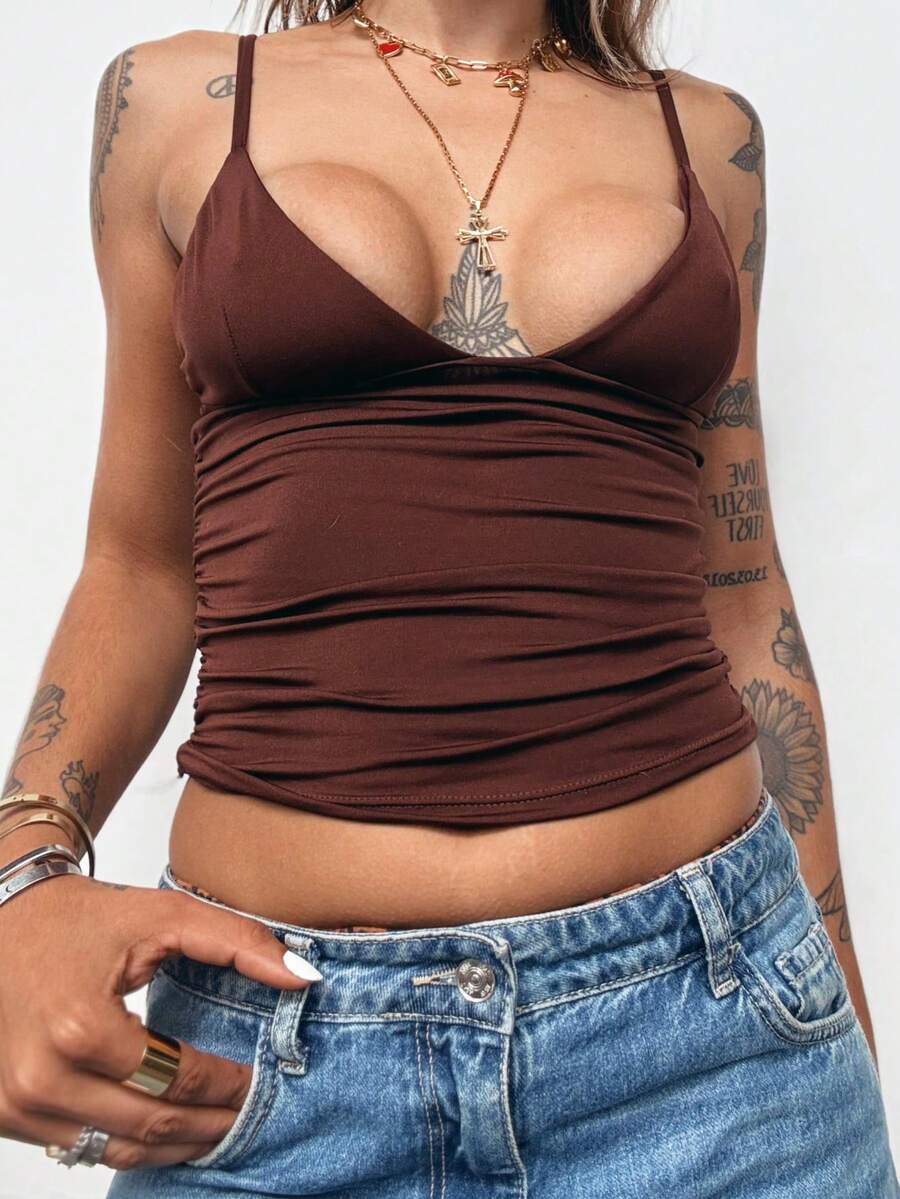 Open Neckline Blouse Simple Knitted Fabric Draped - Rỉ Nâu - Xem 1