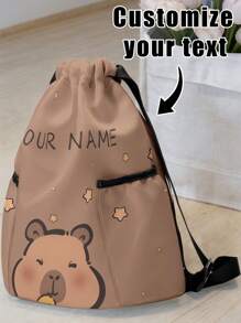 1 szt. Plecak sportowy ze ściągaczem i nadrukiem z motywem kapibary, z kieszeniami, idealny prezent na powrót do szkoły dla dzieci i nastolatków, z możliwością personalizacji według własnego projektu lub imion rodzeństwa/przyjaciół, wielofunkcyjny, ozdobny, z literami, stylowy, nowoczesny, kolorowy, uroczy, uroczy, swobodny, niestandardowy, spersonalizowany, wyjątkowy, spersonalizowany, idealny prezent dla niego, idealny prezent dla niej