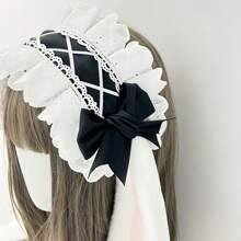 1pc Lolita Rabbit Ear Headband With Bow, Plush Rabbit Ears With Lace Bow, Suitable For Party Costumes, As Gift For Friend's Birthday, Back To School, Thanksgiving Halloween