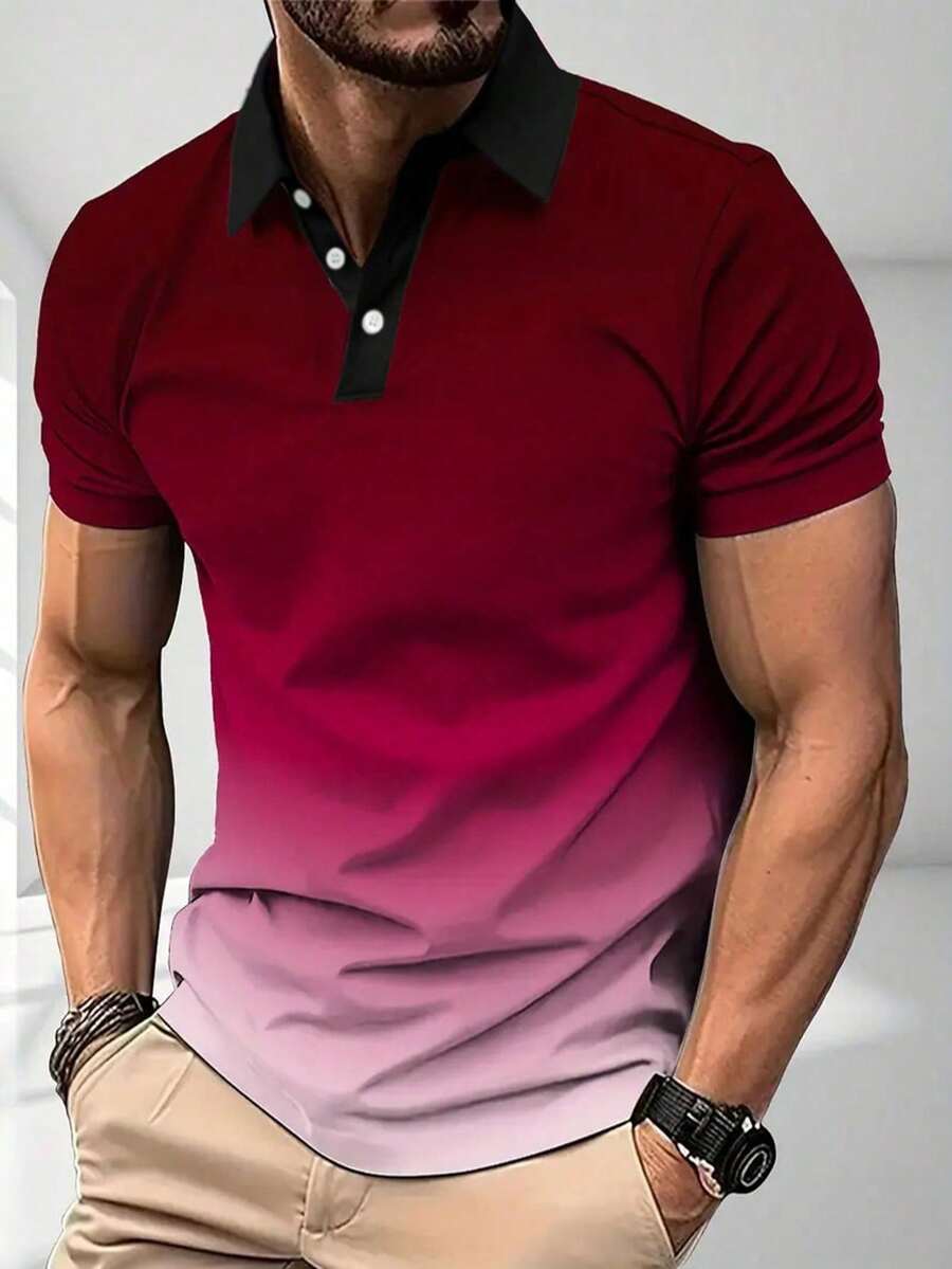 大码男士渐变印花休闲时尚短袖 Polo 衫 - 紅色 - 查看 1